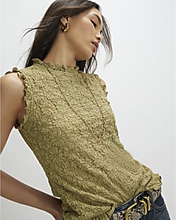 Khaki Sleeveless Lettuce Trim Textured Top