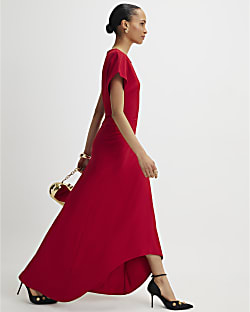 Red Short Sleeve Cinched Waist Maxi Dress