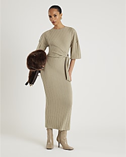 Khaki Wide Rib Cosy Midi Dress