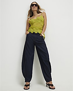 Blue Tab Hem Detail Barrel Leg Jeans