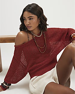 Red Open Stitch Knitted Off Shoulder Top