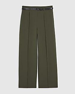 Petite Khaki Belted Straight Leg Trousers