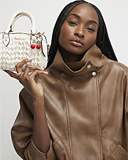 Cream Ruched Cherry Charm Mini Bowler Bag