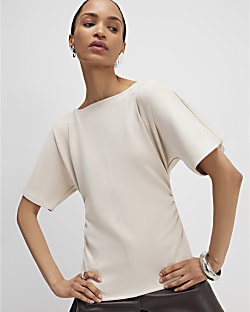 Cream Faux Suede Short Sleeve Ruched Side Top