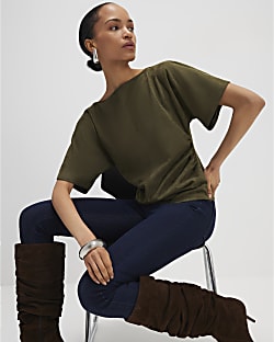 Khaki Faux Suede Short Sleeve Ruched Side Top