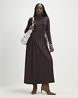 Brown Long Sleeve Gathered Waist Maxi Dress