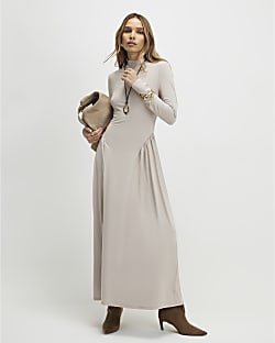 Beige Long Sleeve Gathered Waist Maxi Dress