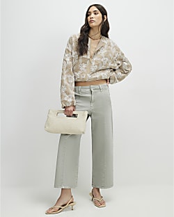 Green Seam Detail Cropped Jeans