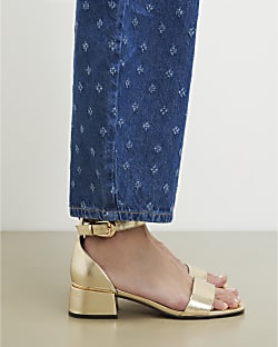 Gold Faux Leather Low Block Heel Sandals