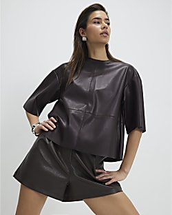 Red Faux Leather Seam Detail T-shirt