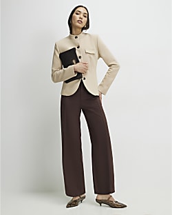 Brown Faux Suede Cropped Seam Front Trousers