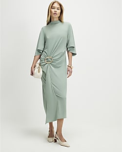 Green Gold Buckle Midi Dress