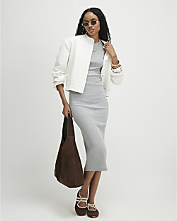 Grey Cap Sleeve Rib Midi Dress