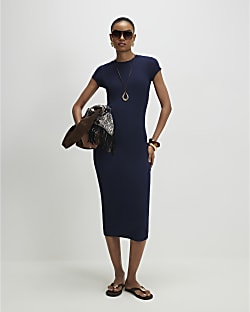 Navy Cap Sleeve Ribbed Midi Dress