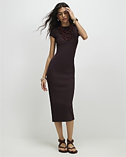 Brown Cap Sleeve Ribbed Midi Dress