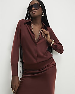 Brown Satin Long Sleeve Slim Fit Shirt