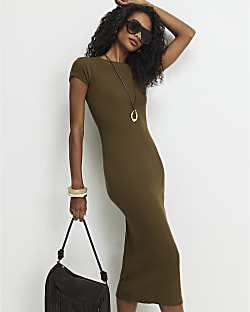 Khaki Cap Sleeve Ribbed Midi Dress