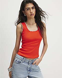 Red Cotton Blend Scallop Trim Tank Top