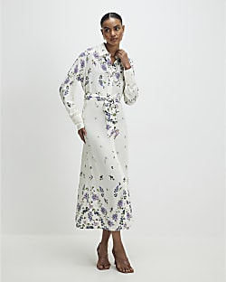 White Floral Midi Shirt Dress