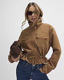 Beige Funnel Neck Drawstring Jacket
