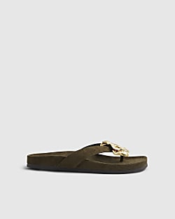 Khaki Flower Toe Thong Flat Sandals