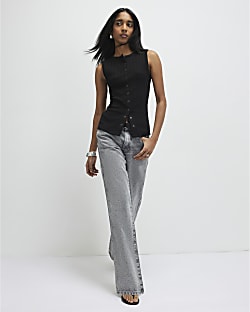 Black Cotton Blend Popper Tank Top