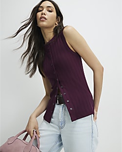 Red Cotton blend Popper Tank Top