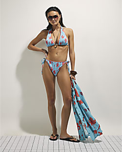 Blue High Leg Shirred Palm Bikini Bottoms