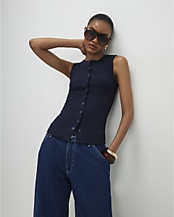 Navy Cotton Blend Popper Tank Top