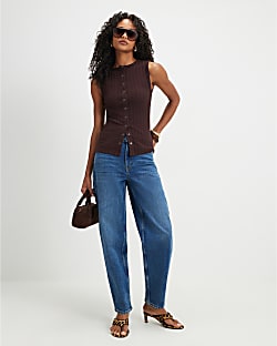 Brown Cotton Blend Popper Tank Top