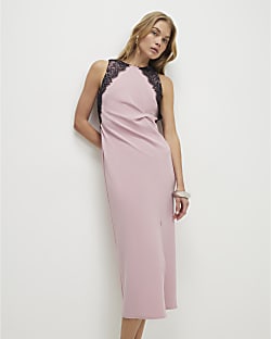 Pink Lace Trim Twist Midi Dress