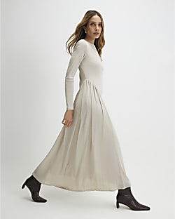 Beige Long Sleeve Gathered Waist Maxi Dress