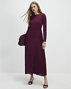 Purple Long Sleeve Gathered Waist Maxi Dress