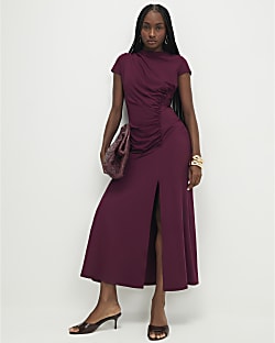 Purple Short Sleeve High Neck Maxi Dress