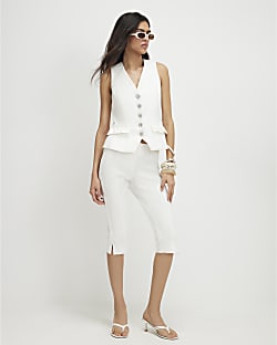 White Cotton Sateen Capri Trousers