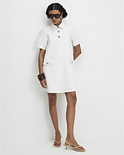 White Cotton Blend Mini Shirt Dress