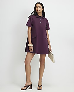 Purple Cotton Sateen Mini Shirt Dress
