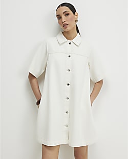 Cream Button Through Denim Dress