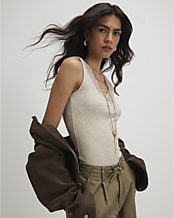 Beige Lace Trim Tank Top