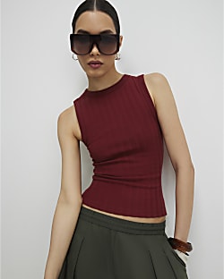 Red Cotton Ribbed Tank Top