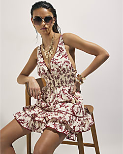 Cream Coral Print Mini Beach Dress