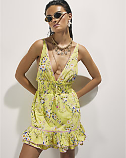 Yellow Daisy Floral Print Mini Beach Dress