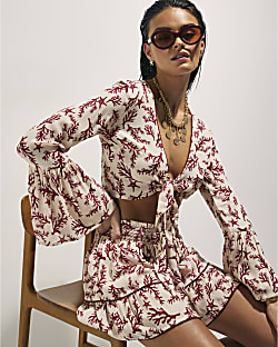 Cream Coral Print Tie Top And Skirt Set