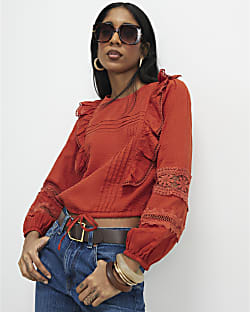 Orange Long Sleeve Ruffle Blouse