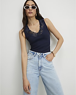 Navy Lace Trim Tank Top