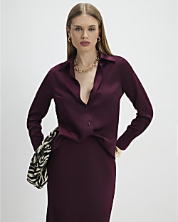 Red Satin Long Sleeve Slim Fit Shirt