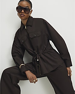 Brown Drawstring Waist Shacket