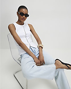 White Sleeveless Scallop Trim Ribbed Top