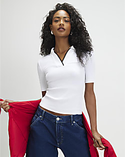 White Cotton Blend Ribbed Polo Top