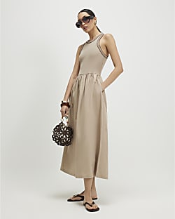 Beige Sleeveless Whipstitch Maxi Dress